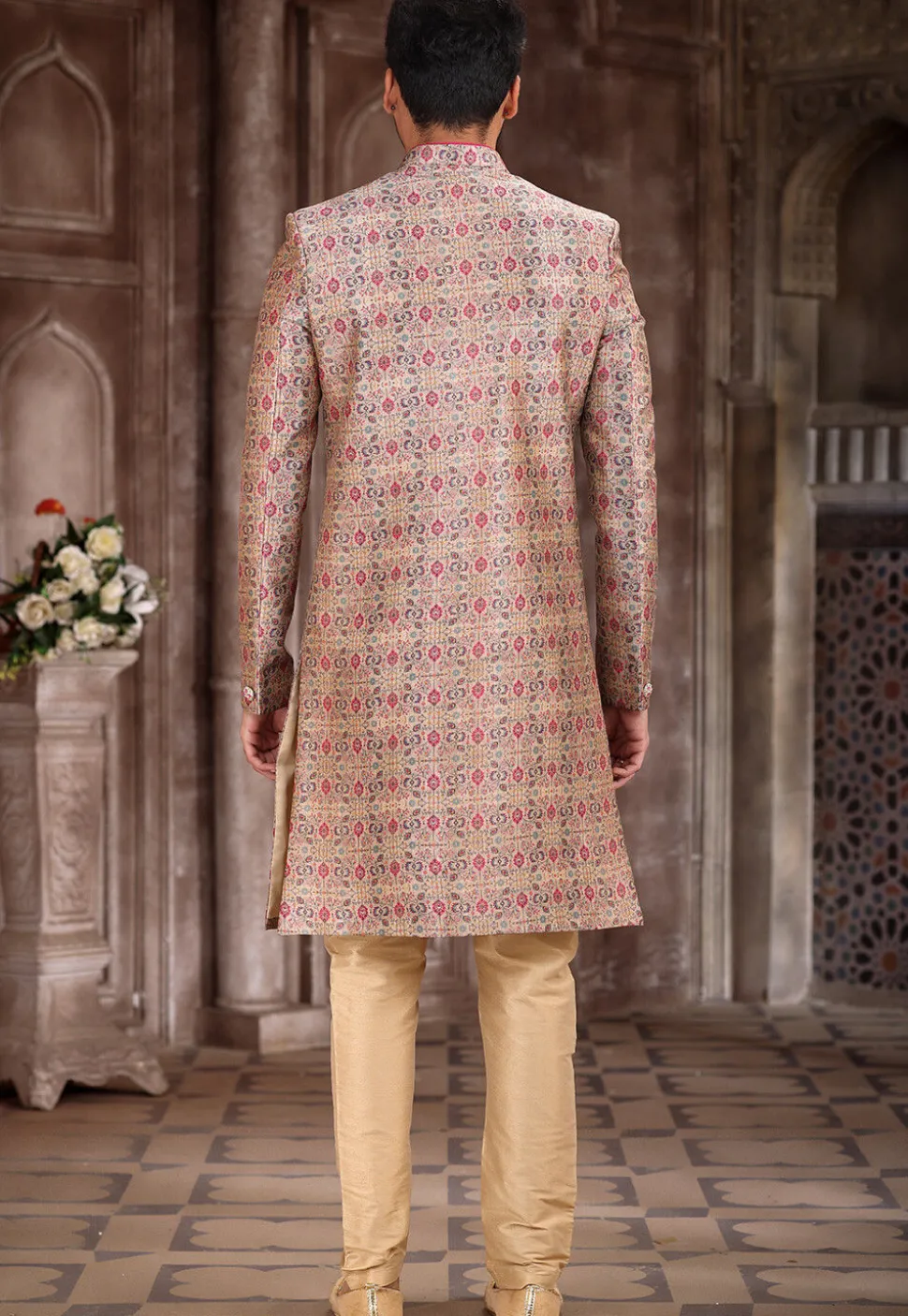 Digital Printed Art Silk Sherwani in Peach