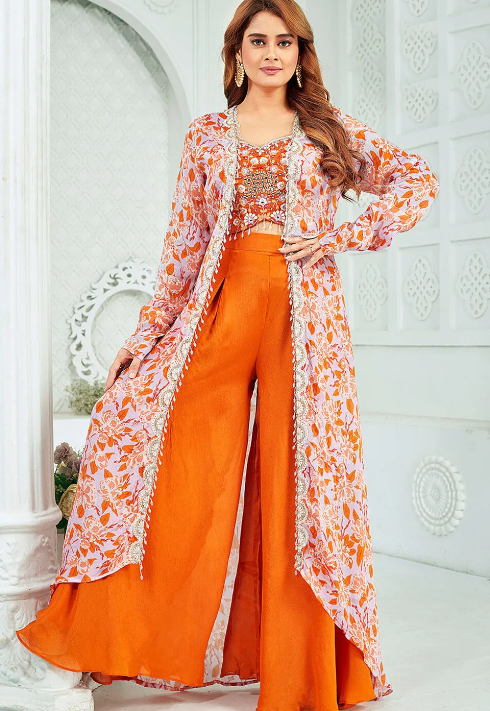 Digital Printed Art Silk Crop Top Set in Orange
