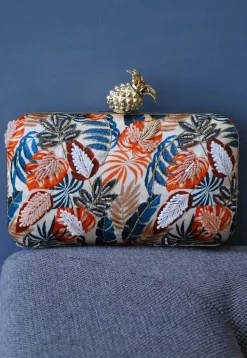 Digital Printed Art Silk Rectangular Clutch Bag in Multicolor