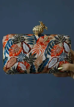 Digital Printed Art Silk Rectangular Clutch Bag in Multicolor
