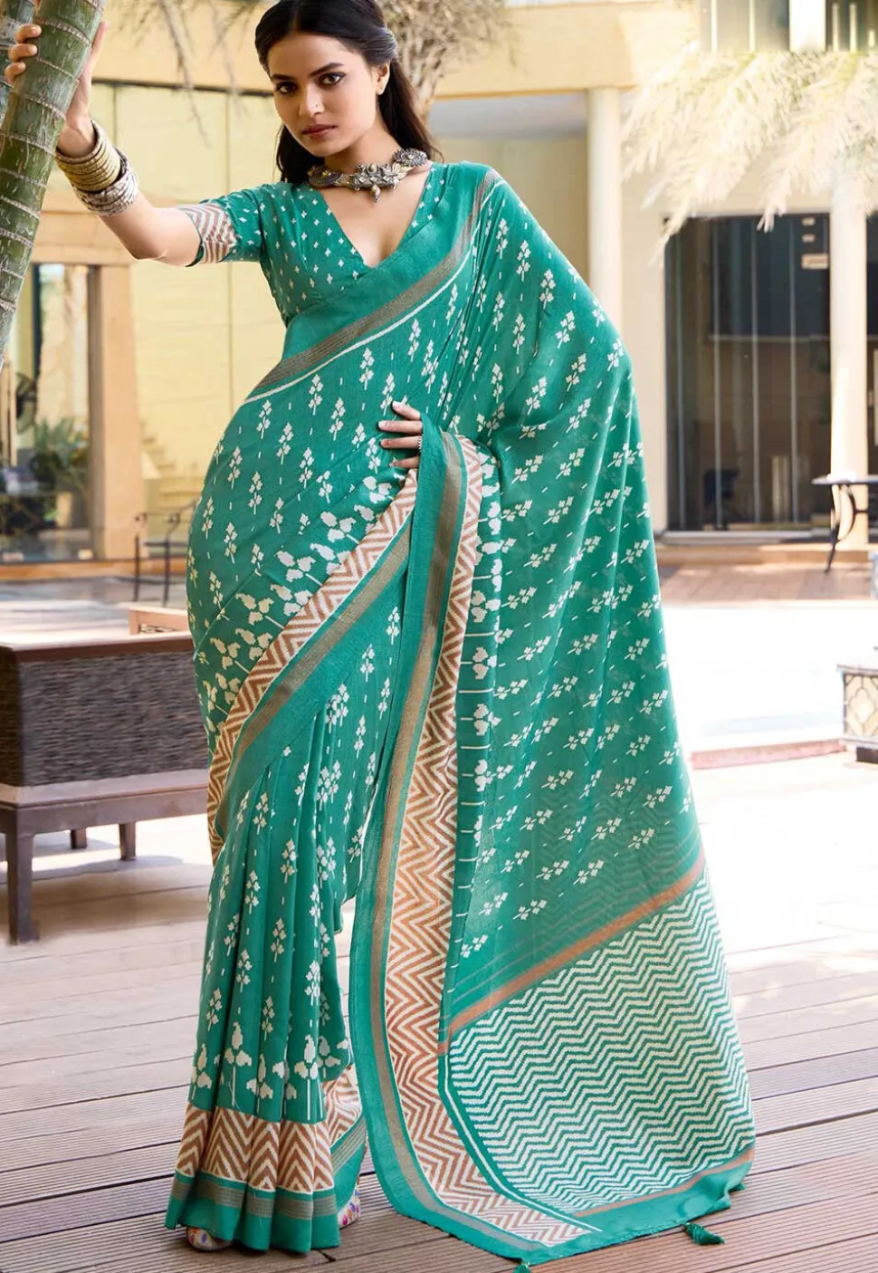 Digital Printed Art Silk Saree in Sea Green
