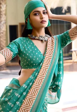 Digital Printed Art Silk Saree in Sea Green