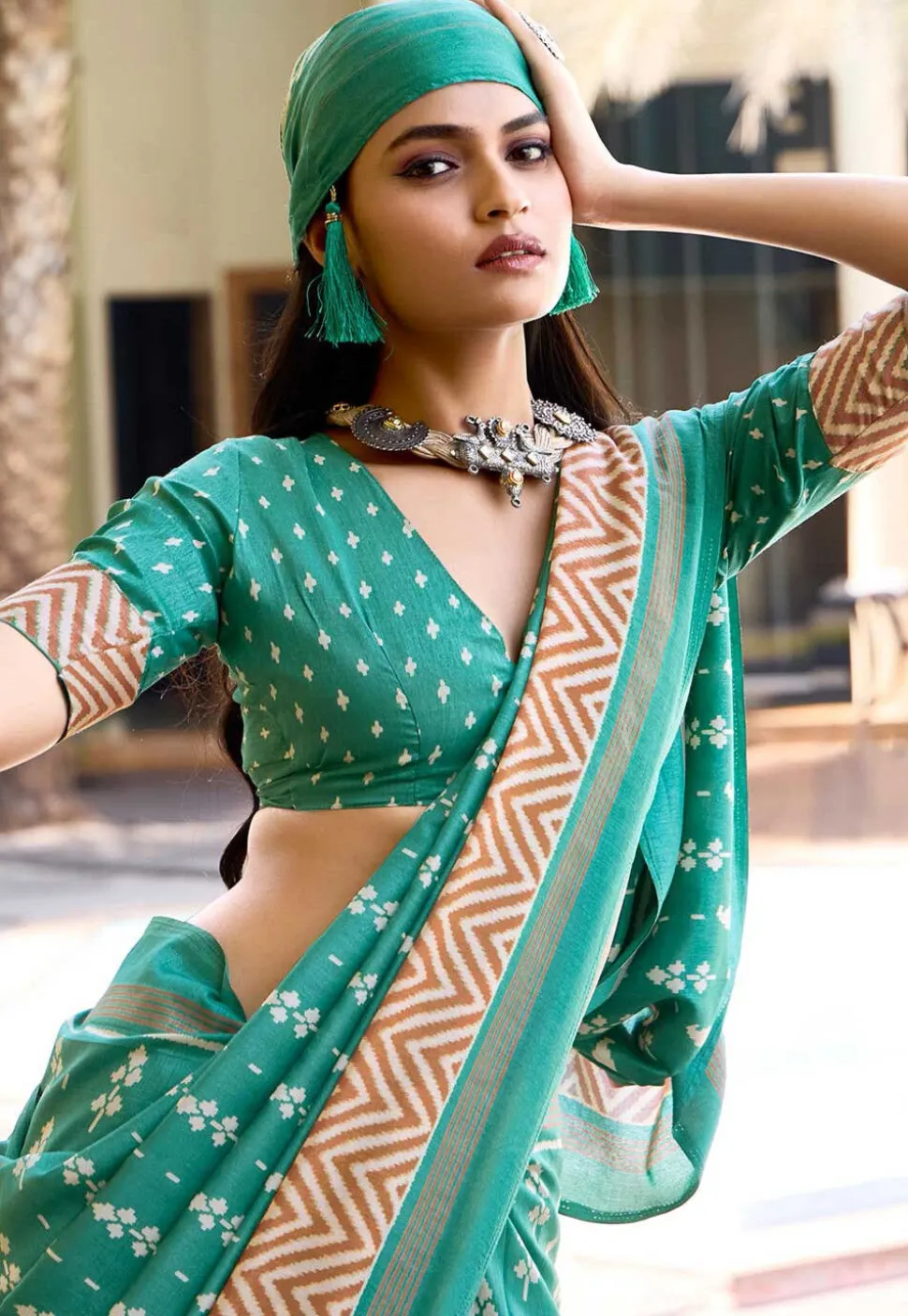 Digital Printed Art Silk Saree in Sea Green