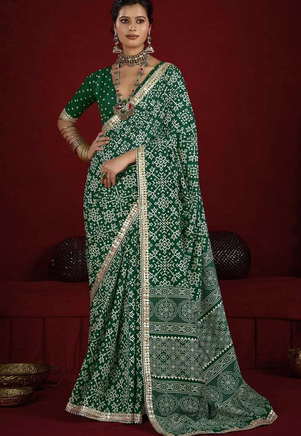 Digital Printed Art Silk Saree in Green