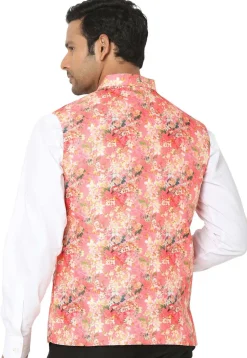 Digital Printed Art Silk Nehru Jacket in Coral Red