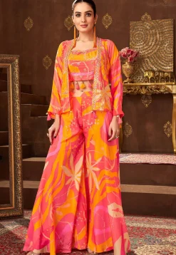Digital Printed Art Silk Crop Top Set in Pink and Yellow