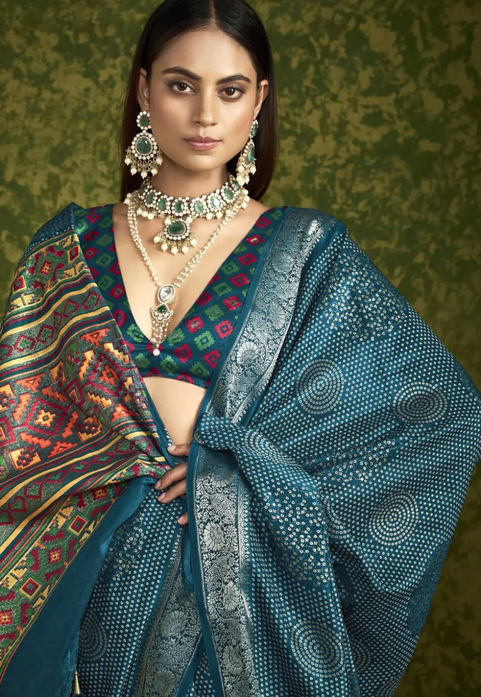 Digital Printed Art Silk Saree in Teal Blue