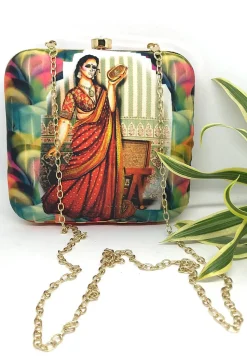 Digital Printed Art Silk Square Clutch Bag in Multicolor