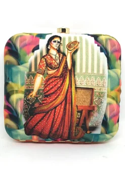 Digital Printed Art Silk Square Clutch Bag in Multicolor