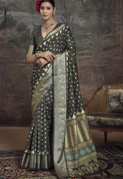 Digital Printed Art Silk Saree in Dusty Green