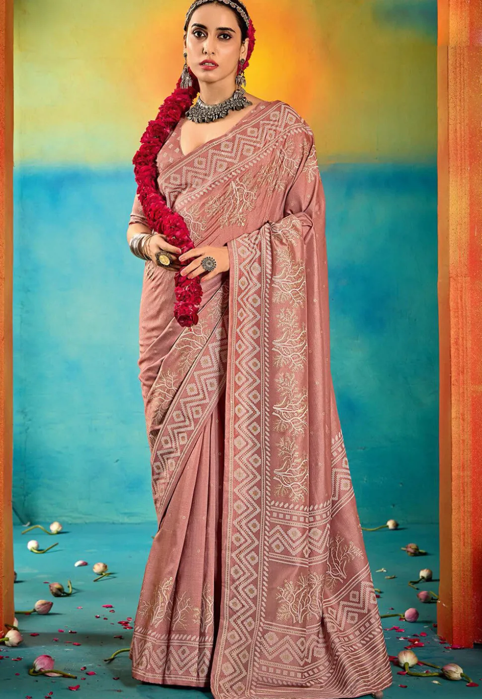 Digital Printed Art Silk Saree in Peach