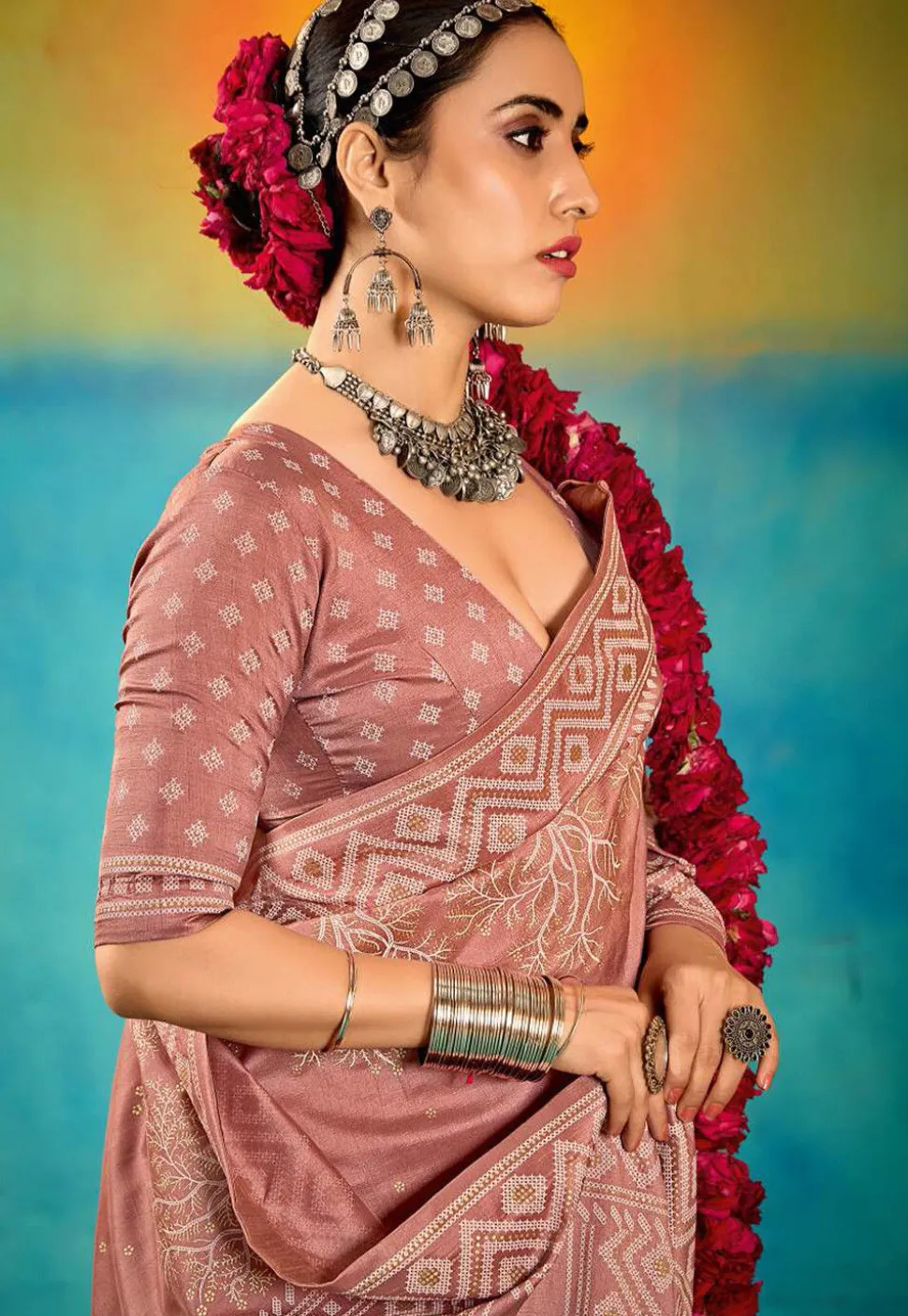 Digital Printed Art Silk Saree in Peach