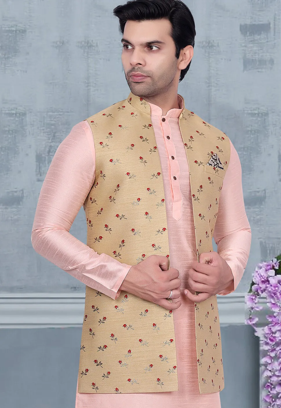 Digital Printed Art Silk Nehru Jacket in Beige