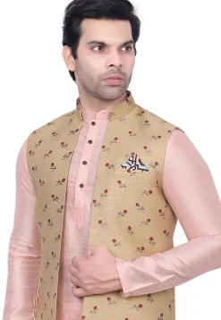 Digital Printed Art Silk Nehru Jacket in Beige