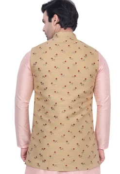 Digital Printed Art Silk Nehru Jacket in Beige