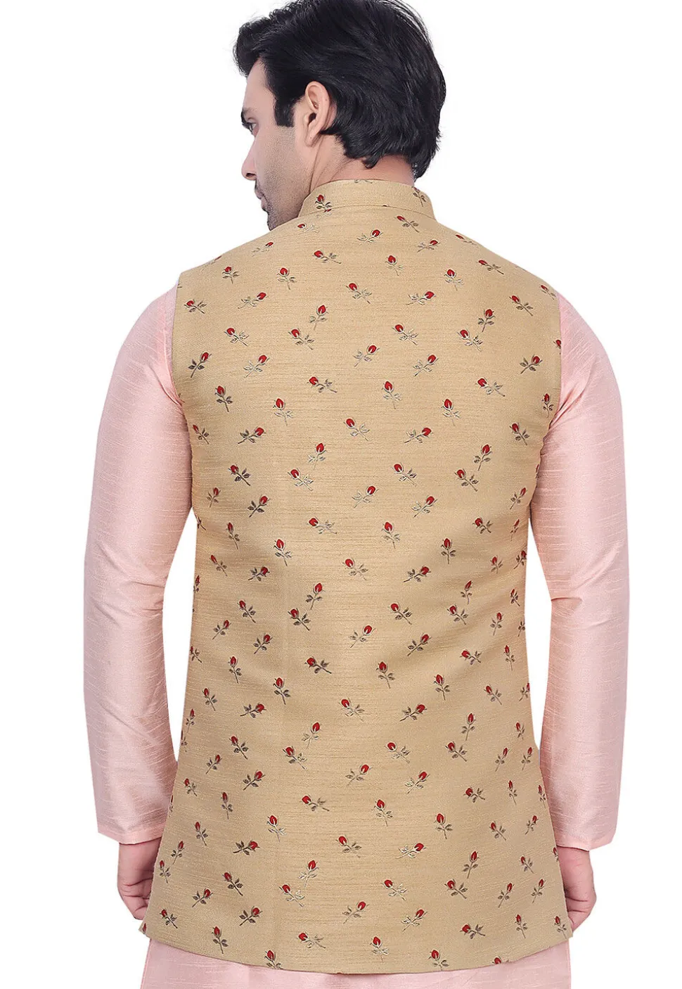 Digital Printed Art Silk Nehru Jacket in Beige