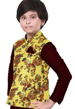 Digital Printed Art Silk Nehru Jacket in Pastel Yellow