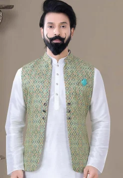 Digital Printed Art Silk Nehru Jacket in Green