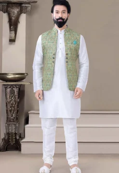 Digital Printed Art Silk Nehru Jacket in Green