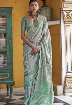 Digital Printed Art Silk Saree in Light Green