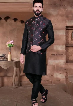 Digital Printed Art Silk Kurta Jacket Set in Black