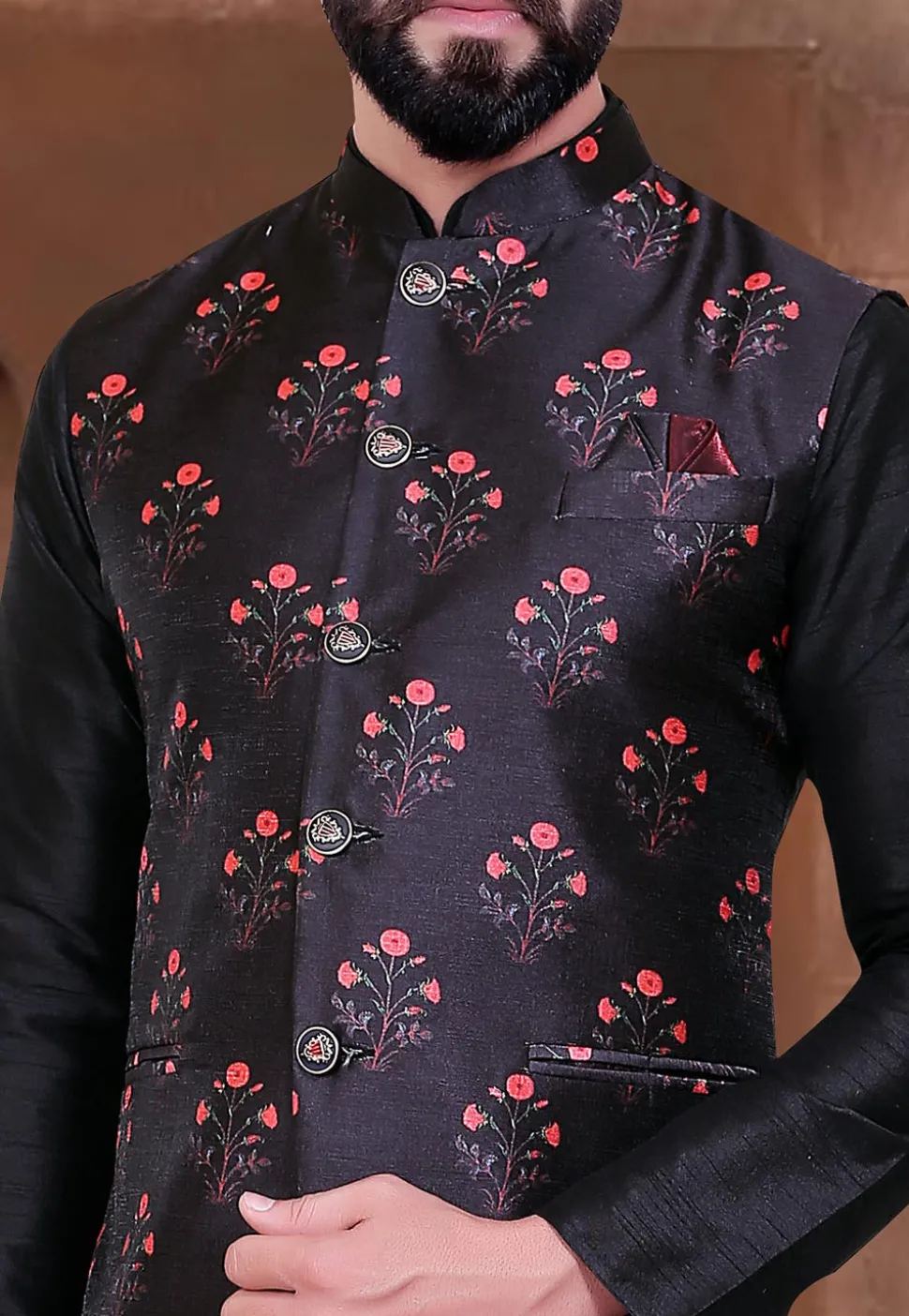 Digital Printed Art Silk Kurta Jacket Set in Black