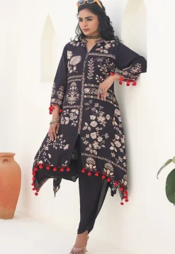 Digital Printed Art Silk A Line Kurta Set in Black