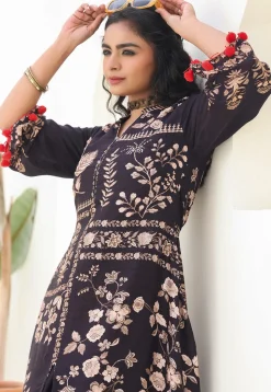 Digital Printed Art Silk A Line Kurta Set in Black