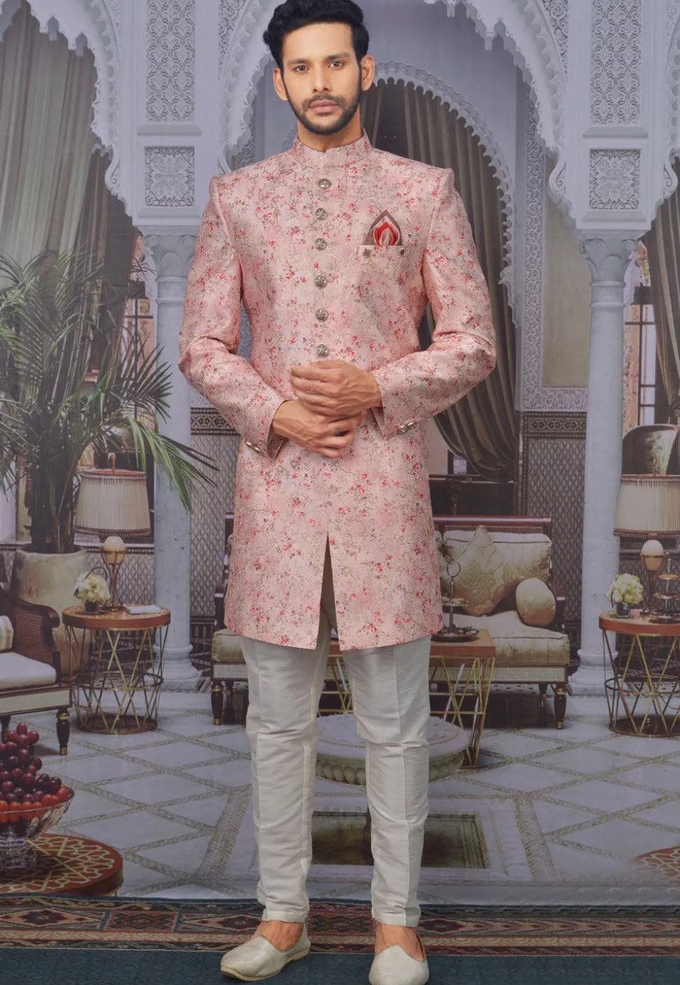 Digital Printed Art Silk Sherwani in Pink