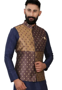 Digital Printed Art Silk Jacquard Nehru Jacket in Brown