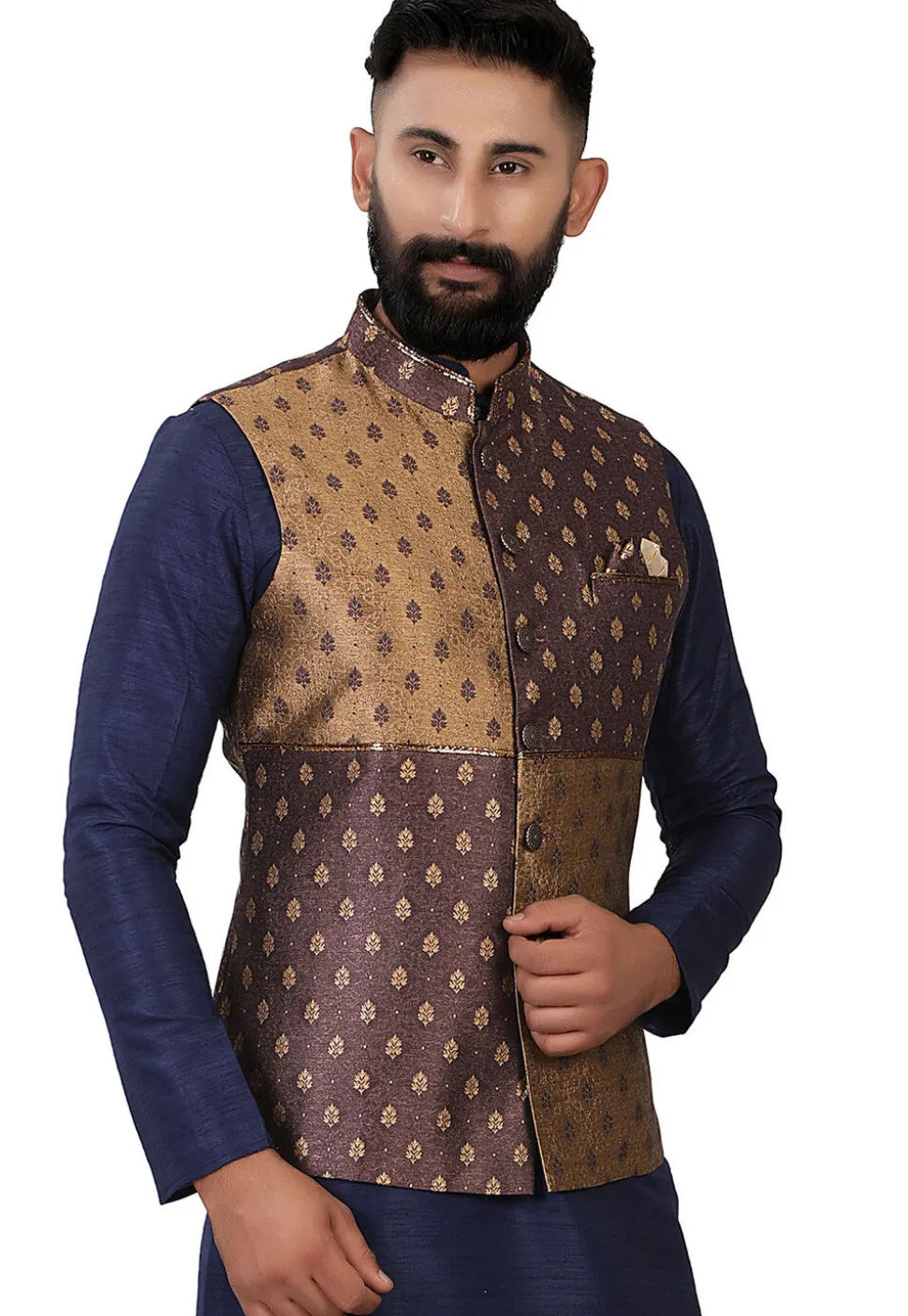 Digital Printed Art Silk Jacquard Nehru Jacket in Brown