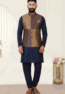 Digital Printed Art Silk Jacquard Nehru Jacket in Brown