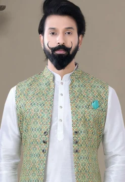 Digital Printed Art Silk Kurta Set in Off White