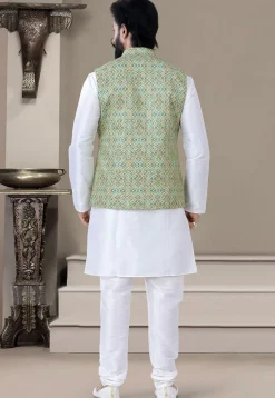 Digital Printed Art Silk Kurta Set in Off White