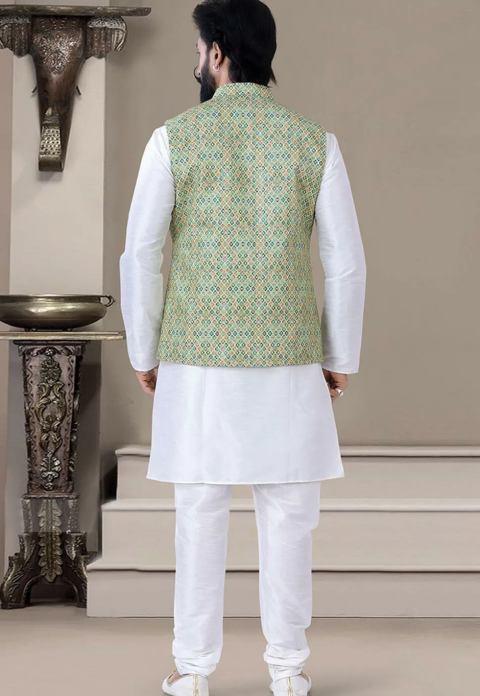 Digital Printed Art Silk Kurta Set in Off White