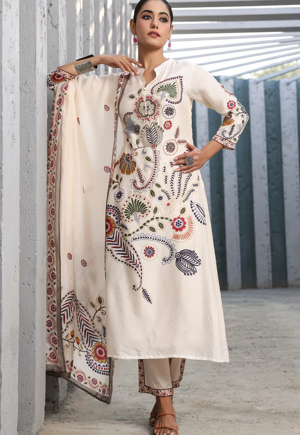 Digital Printed Art Silk Pakistani Suit in Cream