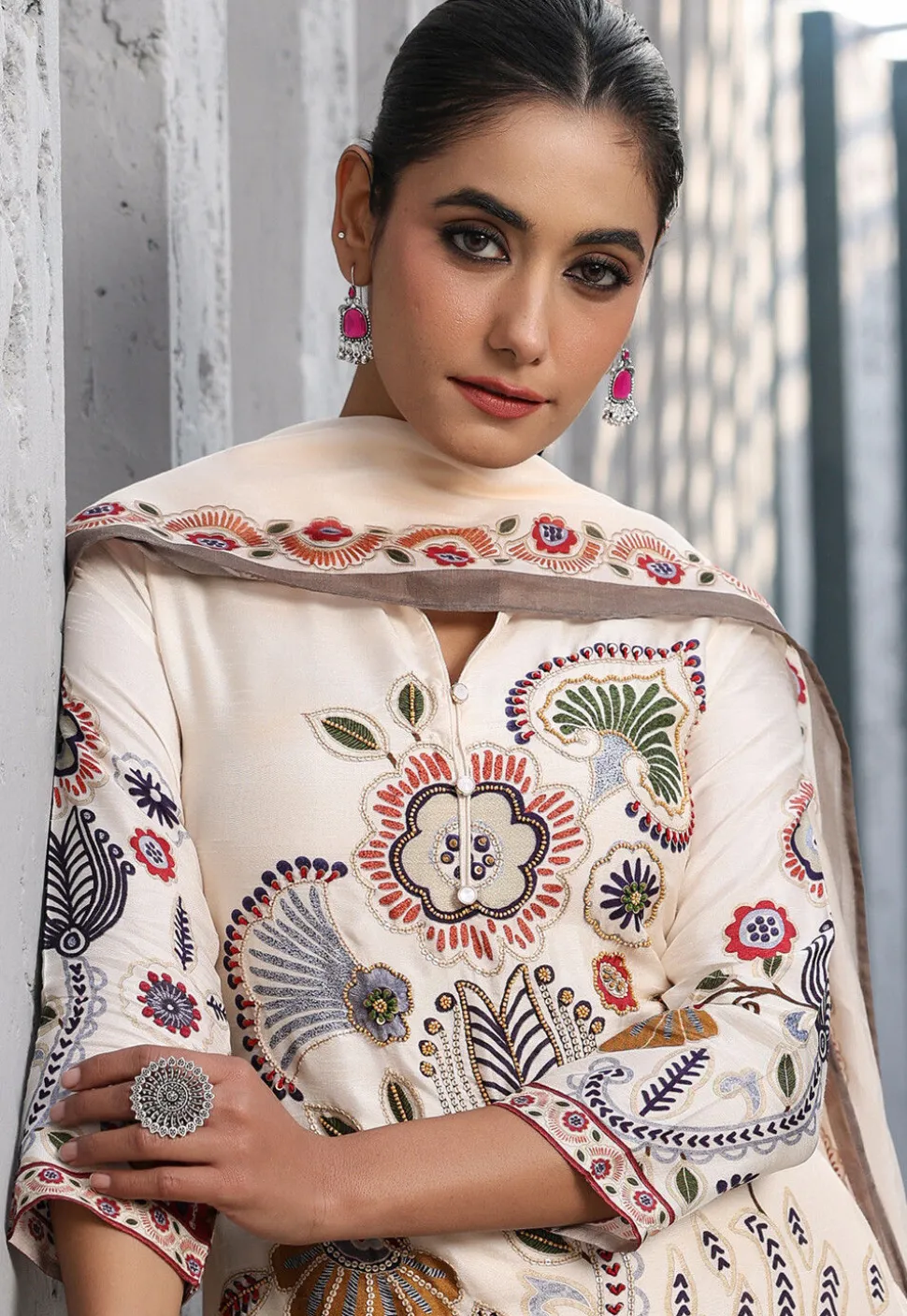 Digital Printed Art Silk Pakistani Suit in Cream