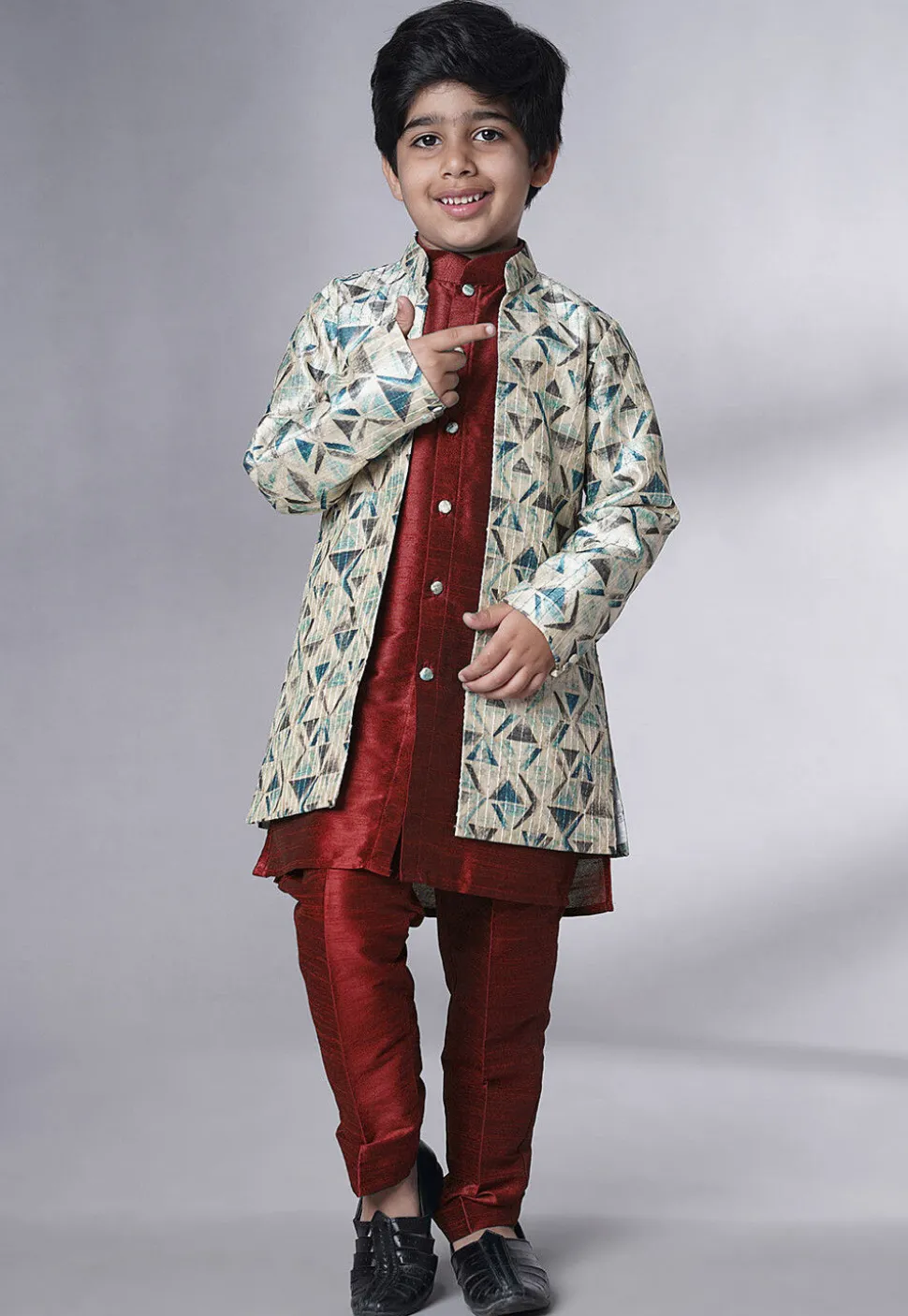 Digital Printed Art Silk Sherwani in Maroon