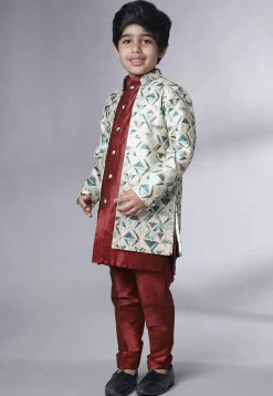 Digital Printed Art Silk Sherwani in Maroon