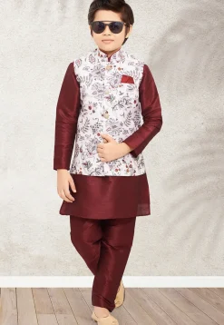 Digital Printed Art Silk Kurta Jacket Set in Maroon and White