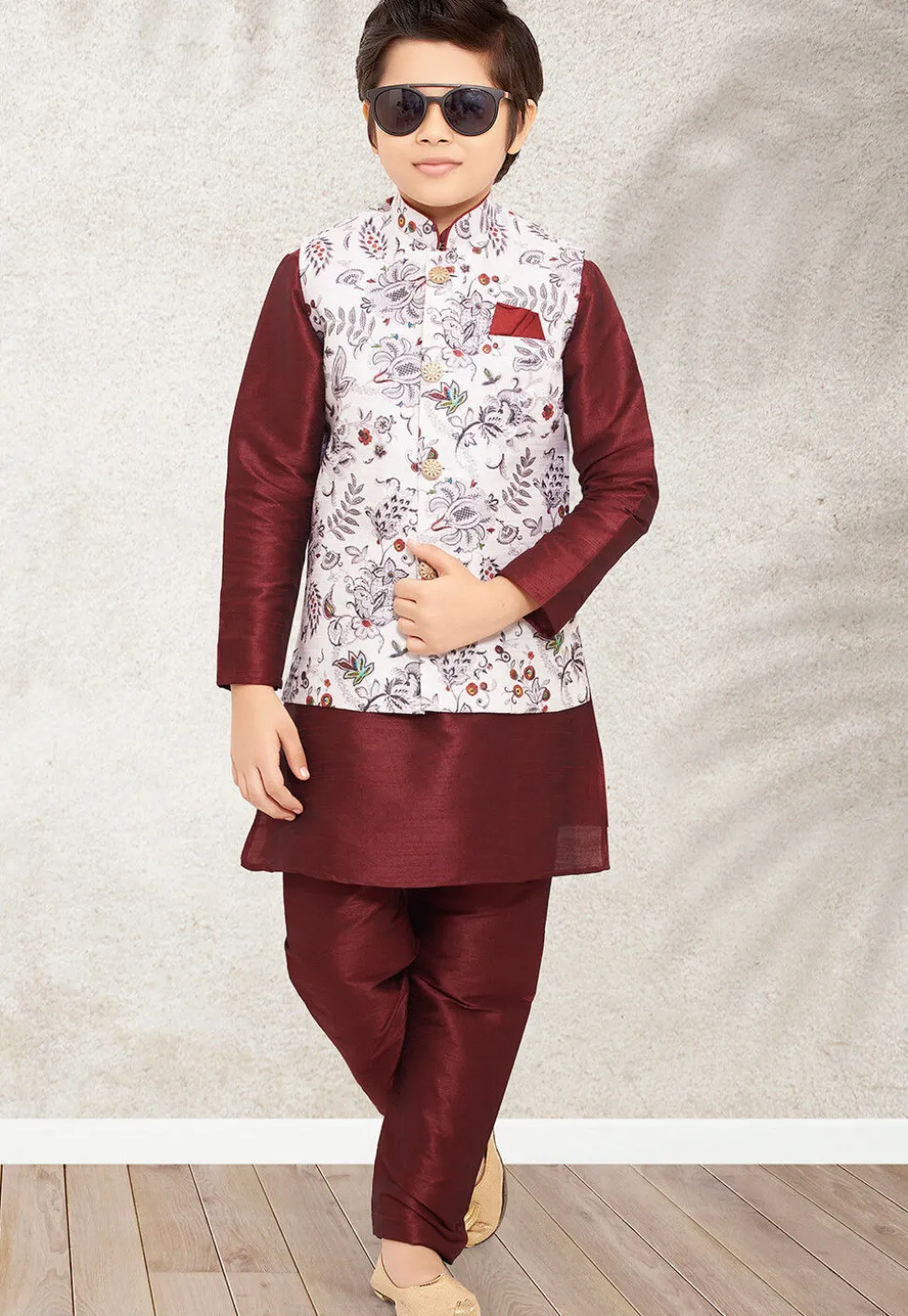 Digital Printed Art Silk Kurta Jacket Set in Maroon and White