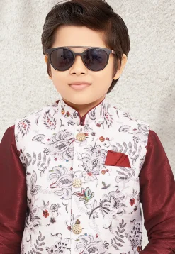 Digital Printed Art Silk Kurta Jacket Set in Maroon and White