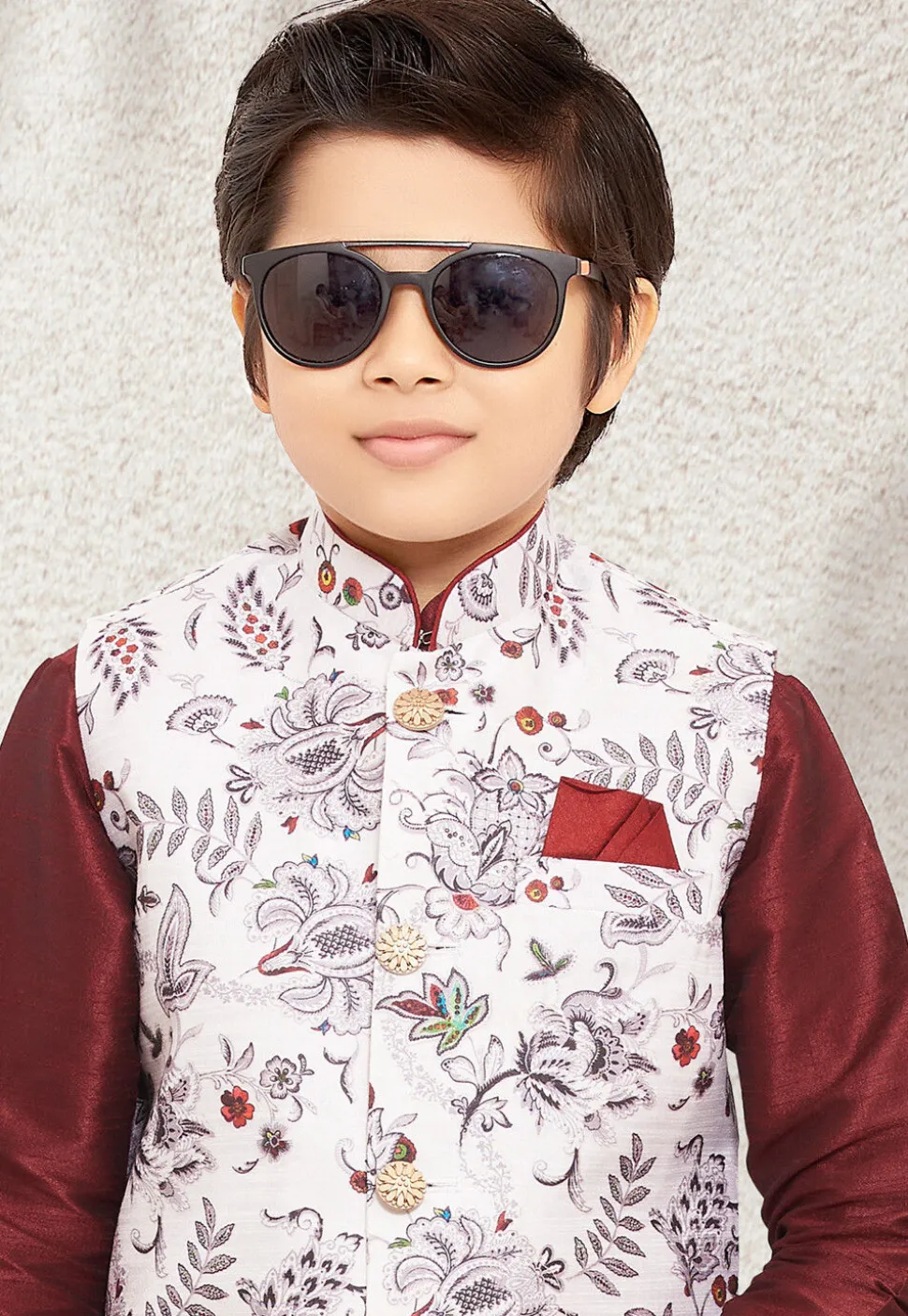 Digital Printed Art Silk Kurta Jacket Set in Maroon and White