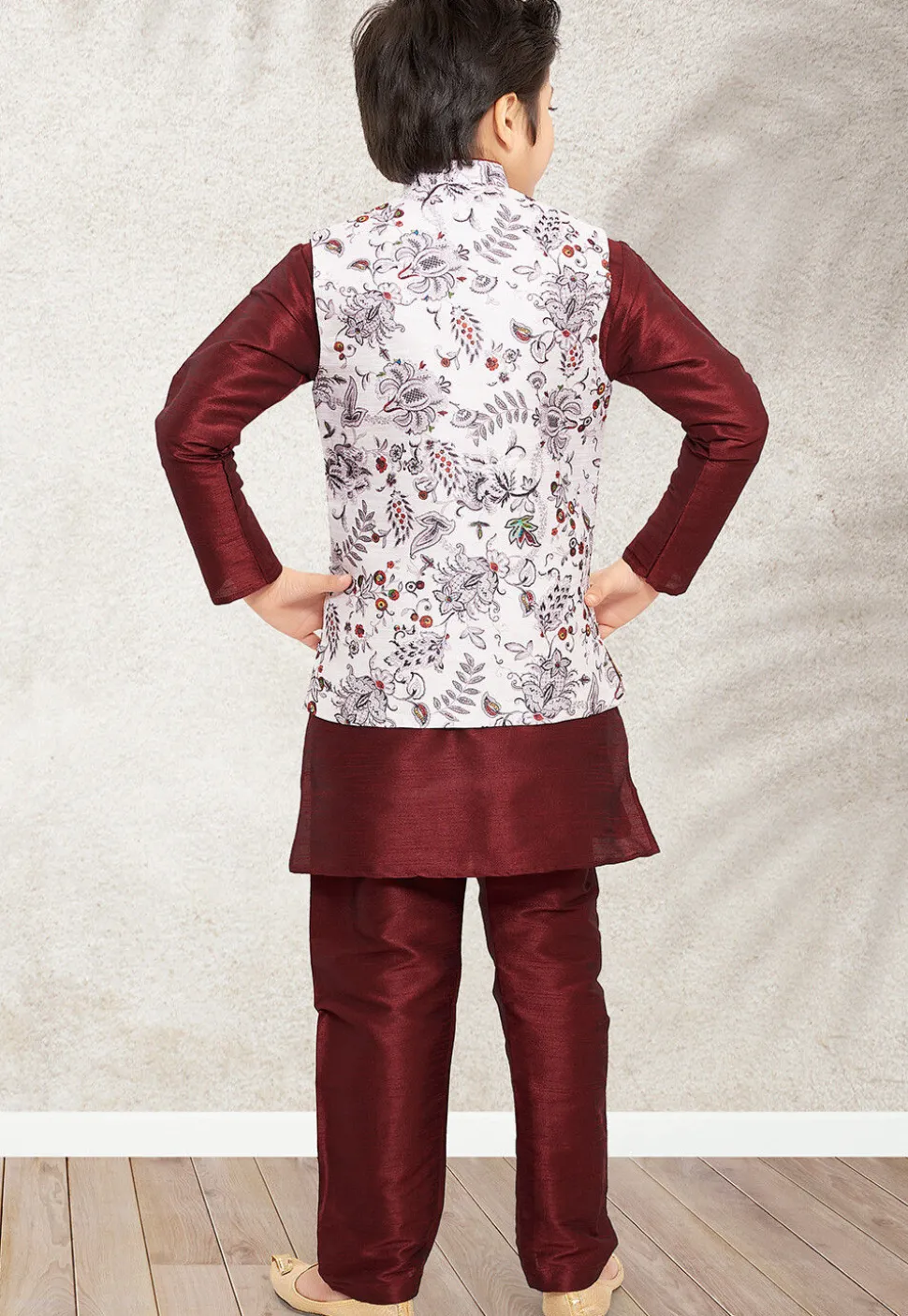 Digital Printed Art Silk Kurta Jacket Set in Maroon and White