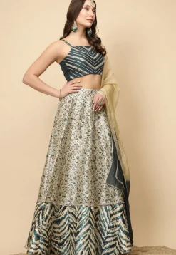 Digital Printed Art Silk Lehenga in Light Beige