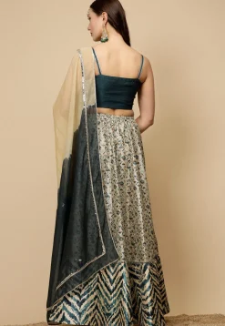 Digital Printed Art Silk Lehenga in Light Beige