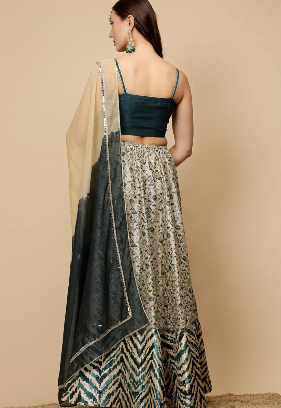 Digital Printed Art Silk Lehenga in Light Beige