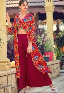 Digital Printed Art Silk Crop Top Set in Red