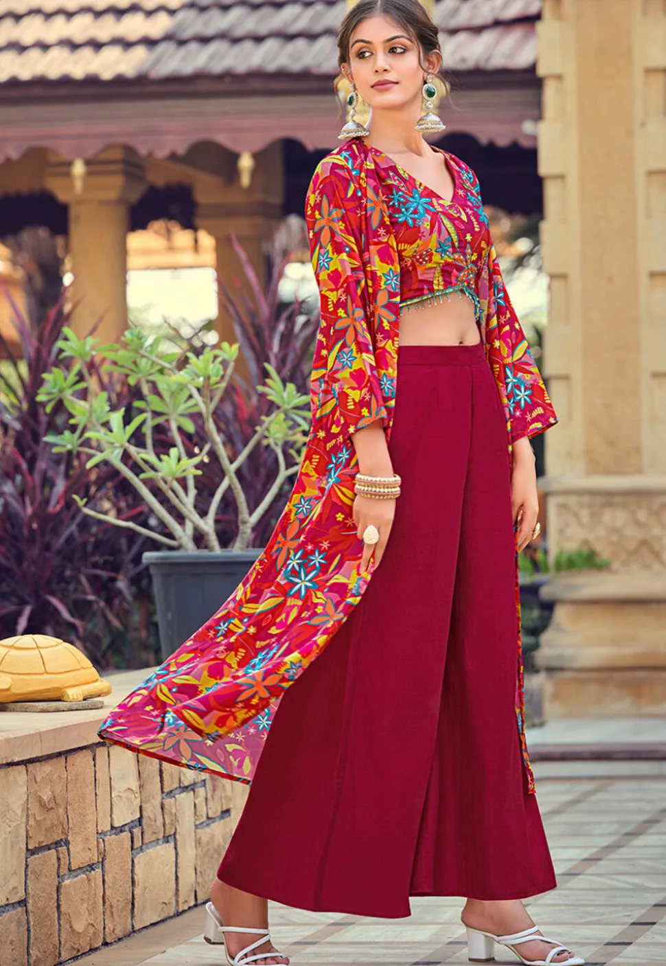 Digital Printed Art Silk Crop Top Set in Red