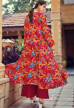Digital Printed Art Silk Crop Top Set in Red